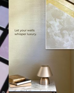 Elegant interior with metallic-finished wall in soft beige tone, marble-top console, and ambient lighting, showcasing Decora A&C Infinity acrylic finish.