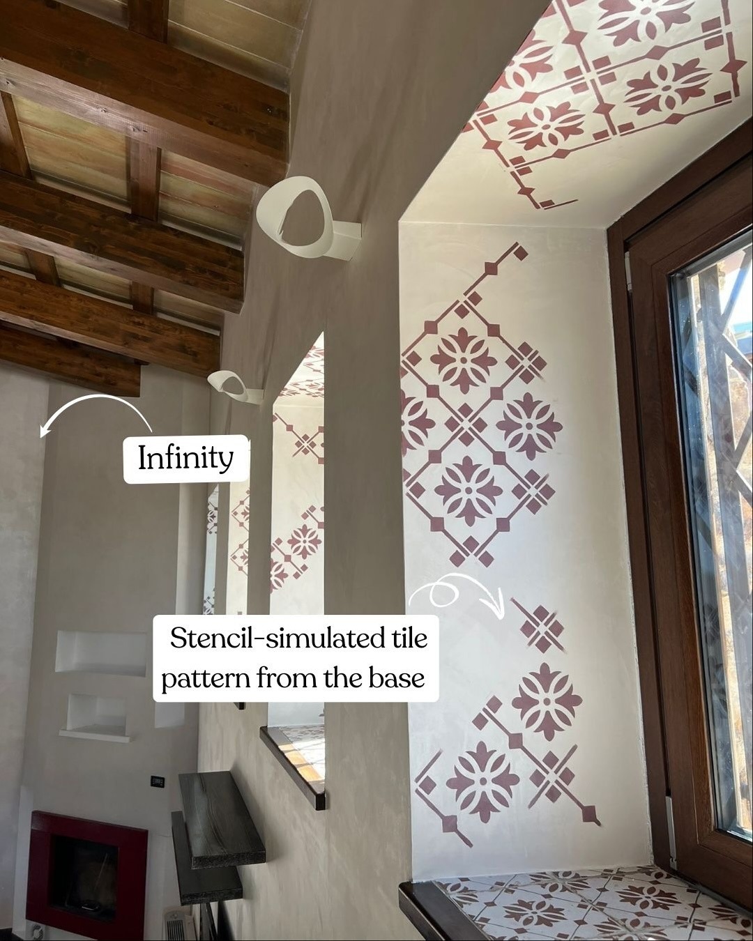 Beautiful stencil-simulated tile design with Infinity finishes, creating a seamless flow of Italian-inspired luxury paints in interior spaces.