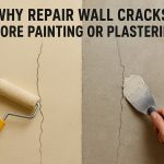 A split view of a cracked wall. On the left, a paint roller covers a crack with beige paint. On the right, a hand uses a putty knife to apply plaster over a crack.
