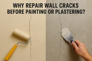 A split view of a cracked wall. On the left, a paint roller covers a crack with beige paint. On the right, a hand uses a putty knife to apply plaster over a crack.
