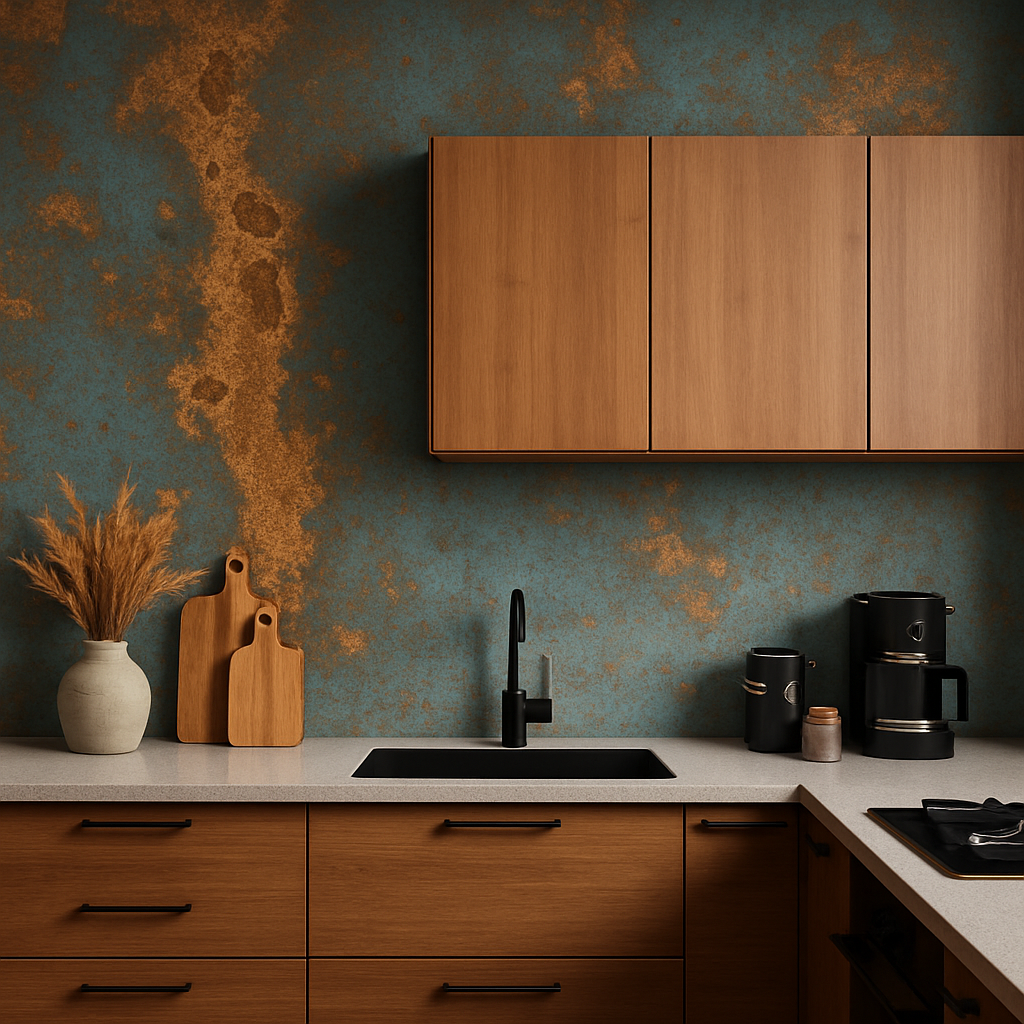 Kitchen interior wall featuring textured rust and turquoise oxidation finish from Rust.IT.