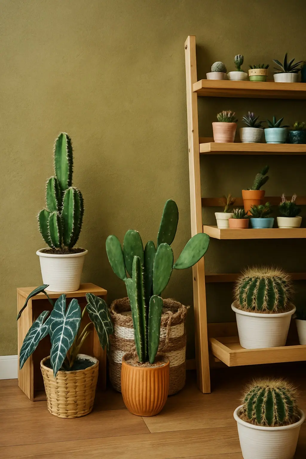 Cactus and houseplants in front of an olive green wall coated in Decora A&C's Italian slaked lime paint
