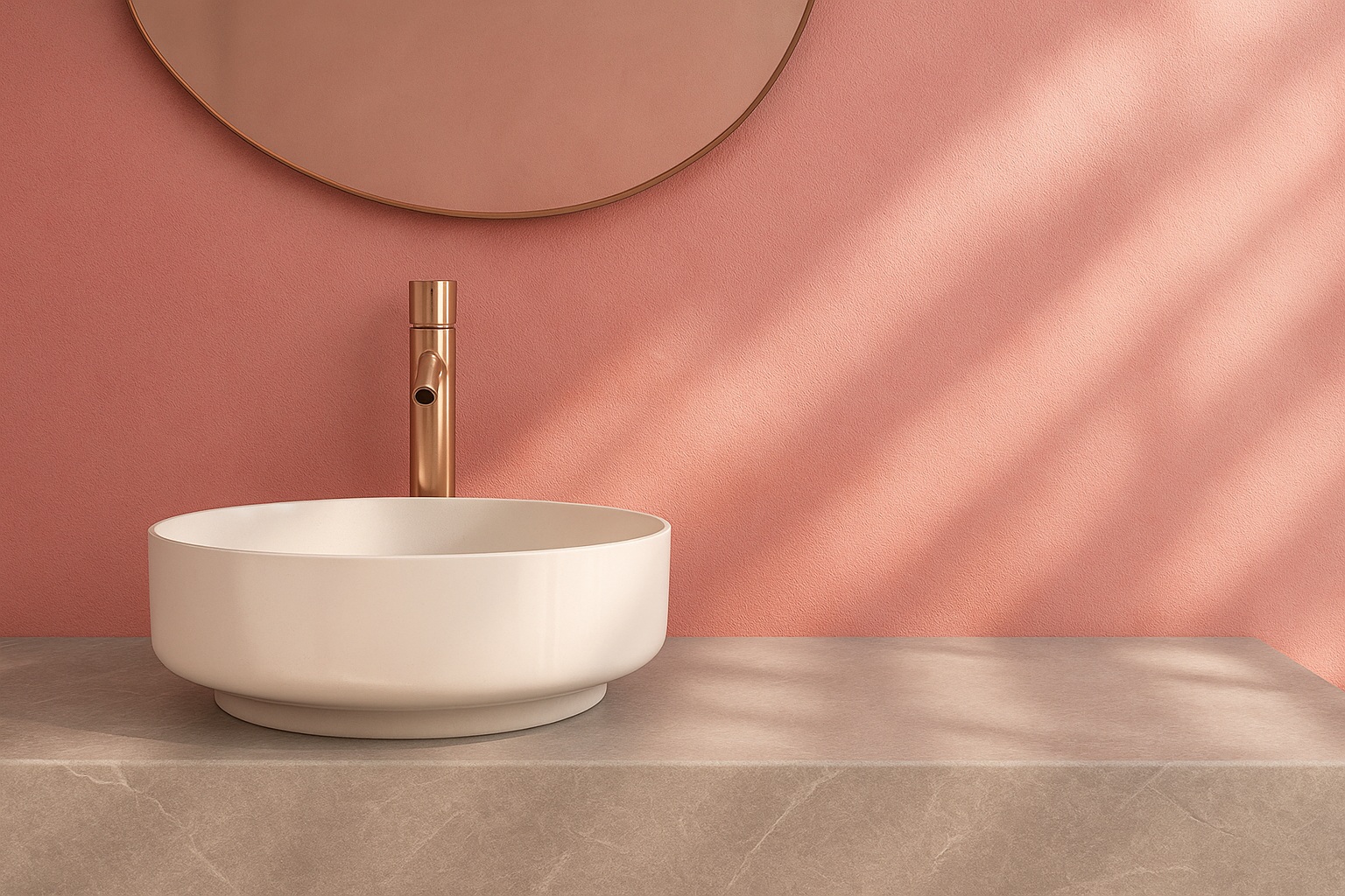 Elegant bathroom interior with a velvety peach-pink wall finish in SILK decorative paint by Decora A&C, paired with minimalist basin and bronze faucet.