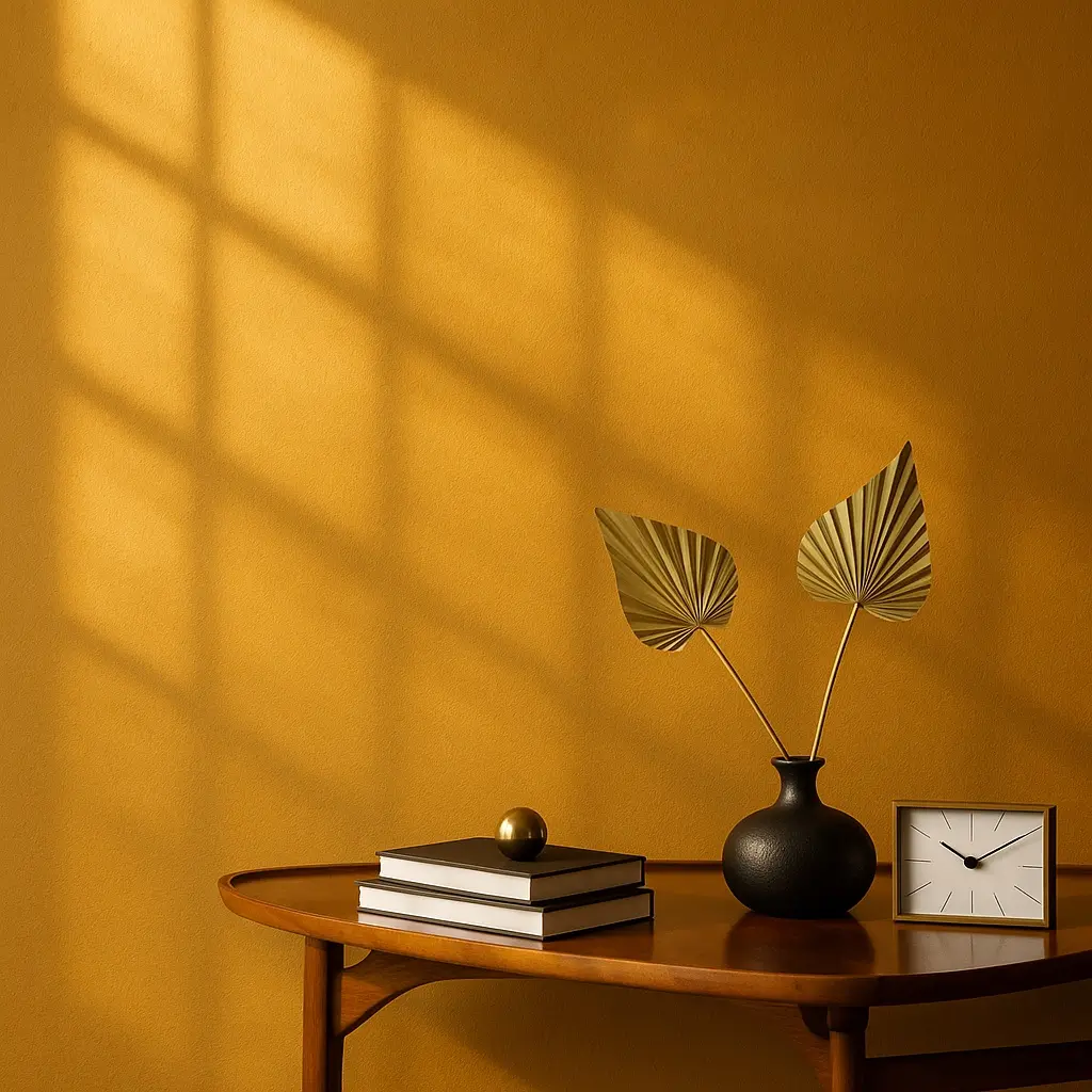 Minimalist interior with mustard yellow velvety decorative paint (INFINITY) by Decora A&C, featuring a mid-century wood table, matte black vase, and luxury metallic accents.