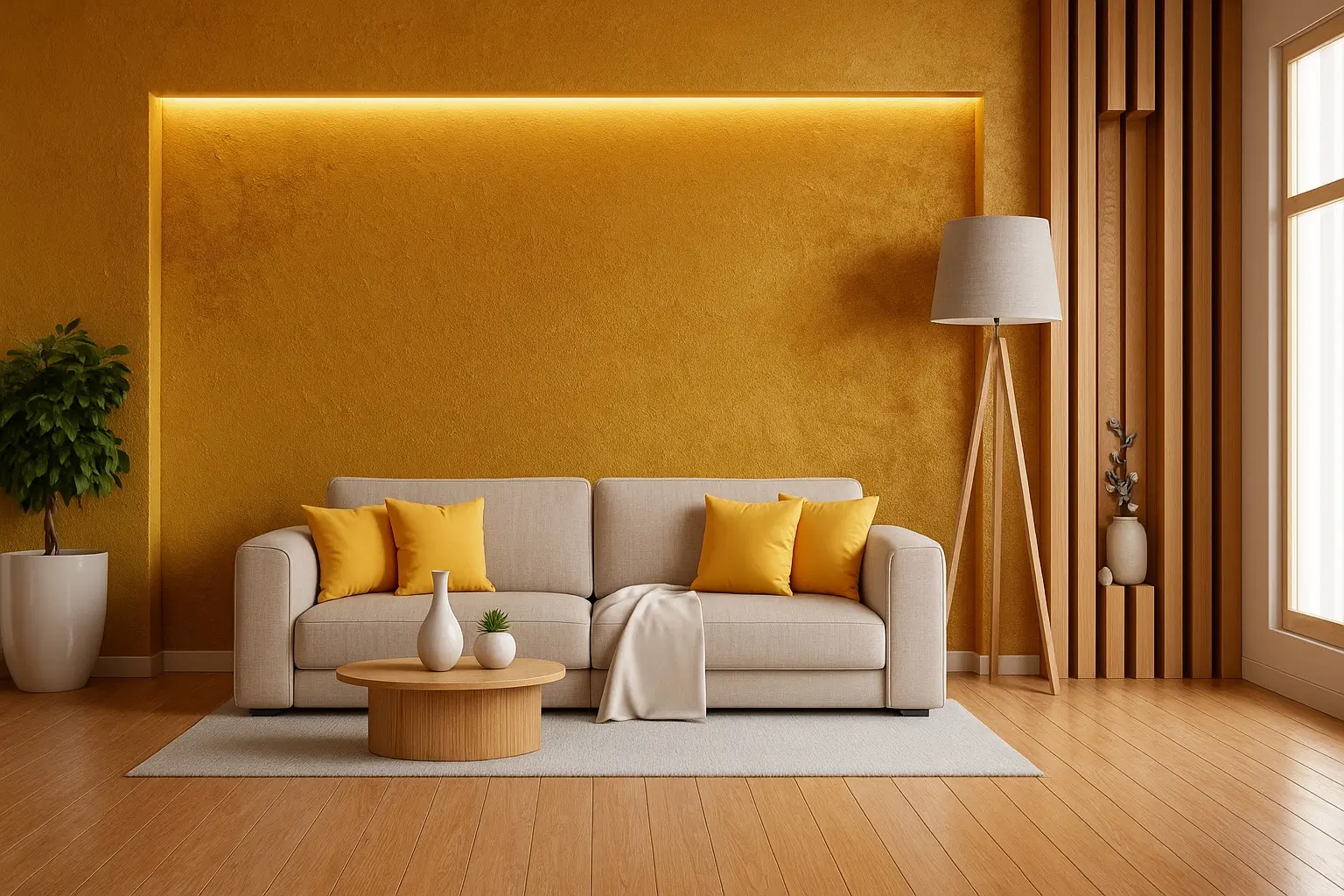 Modern luxury living room with beige sofa, yellow cushions, and golden INFINITY velvety decorative paint finish on the accent wall