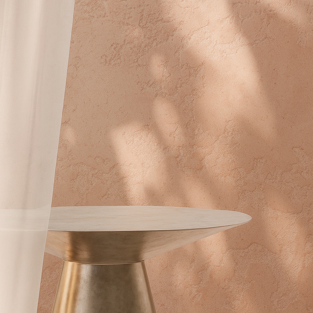 Elegant interior wall finished with Teseo Satin Lime Plaster by Decora A&C, showcasing travertine’s texture and marble’s glow, alongside a modern brass and marble table.