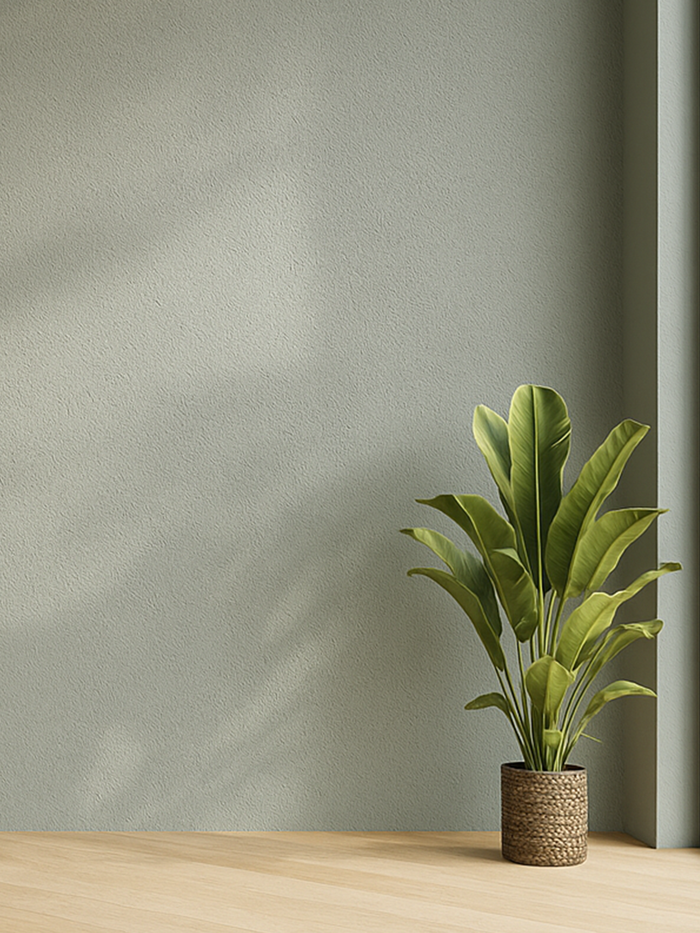 Soft-textured wall finish with Decora A&C’s breathable lime plaster and a lush plant in a woven pot.