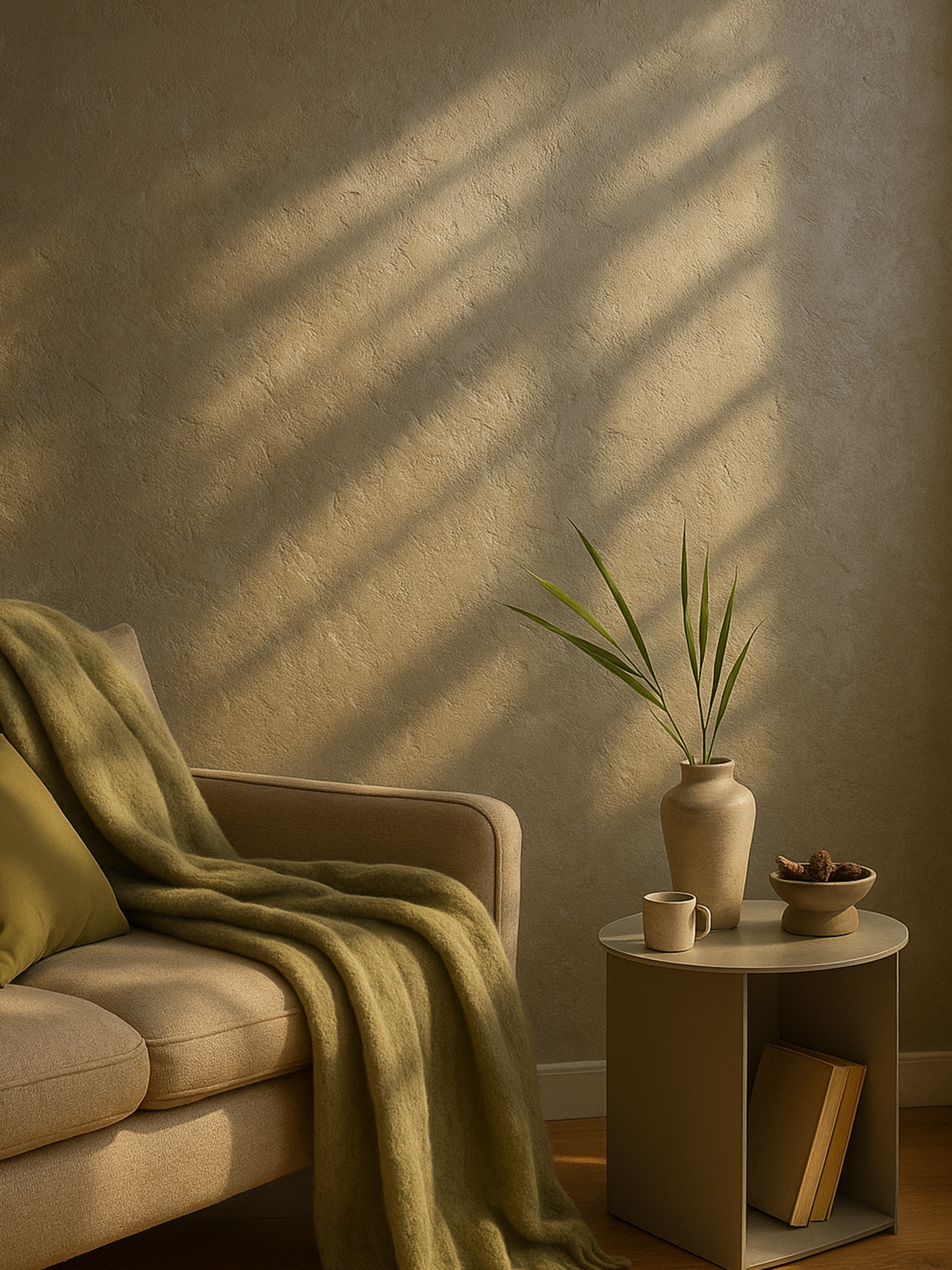 Luxurious living room with Italian decorative finishes and breathable mineral coatings.