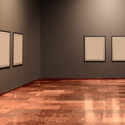 Minimalist art gallery featuring blank-framed lime-based paintings on dark gray walls, with polished marble flooring.