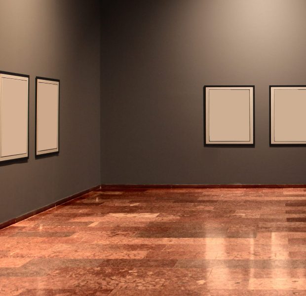 Minimalist art gallery featuring blank-framed lime-based paintings on dark gray walls, with polished marble flooring.