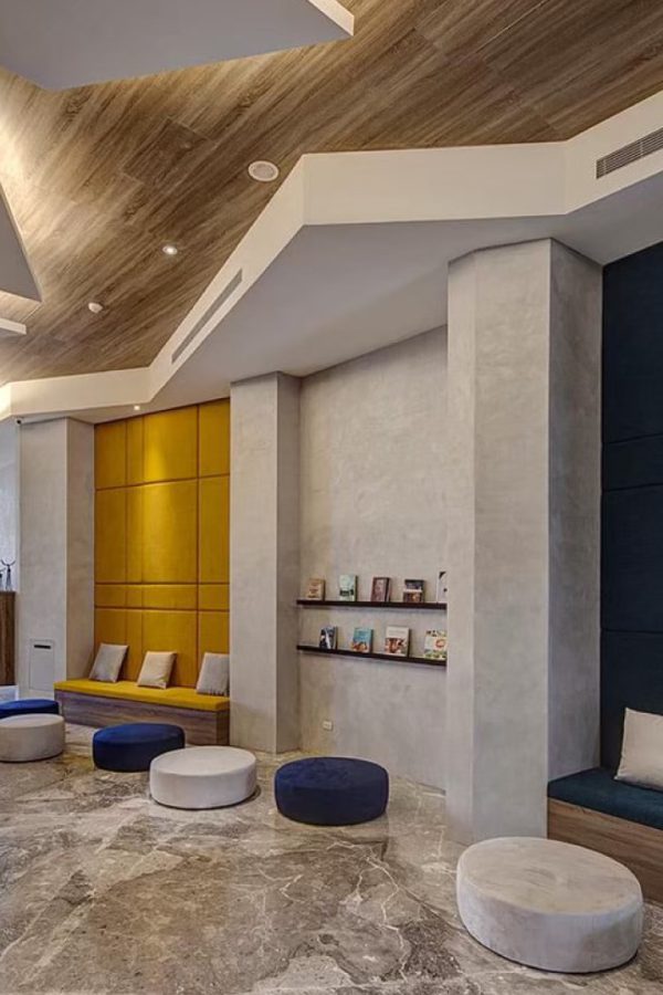 Modern lobby with colorful seating and contemporary design
