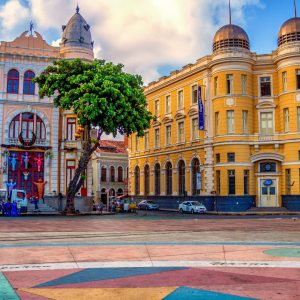 Colorful Historic Buildings in a Public Square with Ornate Architecture.