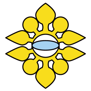 Symmetrical yellow lotus-like emblem with blue central oval on a transparent background.