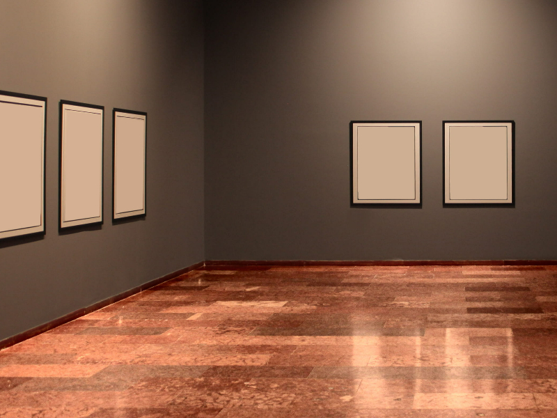 Minimalist art gallery featuring blank-framed lime-based paintings on dark gray walls, with polished marble flooring.
