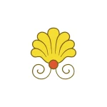 A stencil design featuring a yellow shell-like shape with intricate swirling curves and a red center.