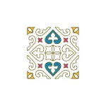 Colorful ornate stencil design featuring teal, yellow, and pink hues, arranged symmetrically, with heart-shaped and floral elements.
