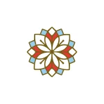 Colorful flower-shaped stencil with red, blue, and white elements, featuring symmetrical petals and geometric design.