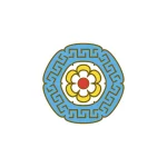 Circular stencil design featuring a floral pattern in yellow, red, and white with blue Greek key accents.
